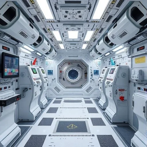 A serene, immaculately designed interior of a space station habitat module. Floor-to-ceiling windows reveal a distant galaxy or nebula. The room features elegant, minimalist furniture, subtle indirect lighting (warm tones contrasting with cool exterior views), and advanced climate control panels integrated seamlessly into the walls. Emphasis on comfort, luxury, and expansive views. No human figures. Style: Architectural, tranquil, futuristic luxury, pristine, 16:9 aspect ratio.